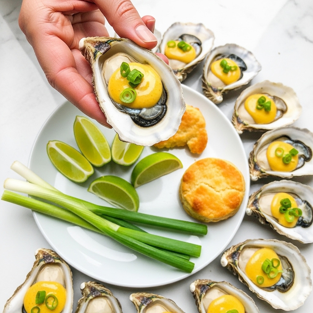 A woman's hand is holding one oyster with a creamy yellow sauce topped with small green onion slices. The oyster shell is rough and white with gray edges, revealing the soft, pale oyster meat inside. Below, a white plate holds several lime wedges arranged in a fan shape, some green onions, and a small, round, golden-brown biscuit. Around the plate on a white marbled surface, there are multiple oysters, each with similar yellow sauce and green onion toppings. Photo taken with an iphone --ar 4:5 --v 7
