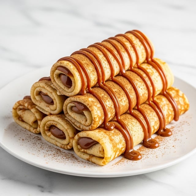 The image shows a white plate holding four rolled crepes stacked in a pyramid shape, with two on the bottom layer, one in the middle, and one on top. Each crepe is light golden brown with a soft and slightly spongy texture. They are sprinkled with a fine dusting of cinnamon powder, giving a warm, speckled look. Drizzled over the crepes are thick, shiny caramel-colored lines of dulce de leche sauce that flow naturally from the top crepe down to the ones below. The plate sits on a white marbled surface with a soft, light background that adds to the warm and cozy feel of the dish. Photo taken with an iphone --ar 4:5 --v 7