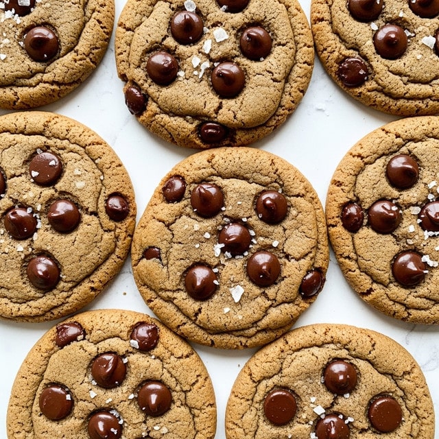 The image shows several soft, golden-brown cookies stacked closely together on a surface with a white marbled texture. Each cookie is thick with a slightly uneven round shape, dotted with dark brown, glossy chocolate chips scattered on top and embedded slightly inside. The cookies have a textured surface with subtle cracks and are sprinkled lightly with white flakes of sea salt, enhancing their homemade look. Photo taken with an iphone --ar 4:5 --v 7