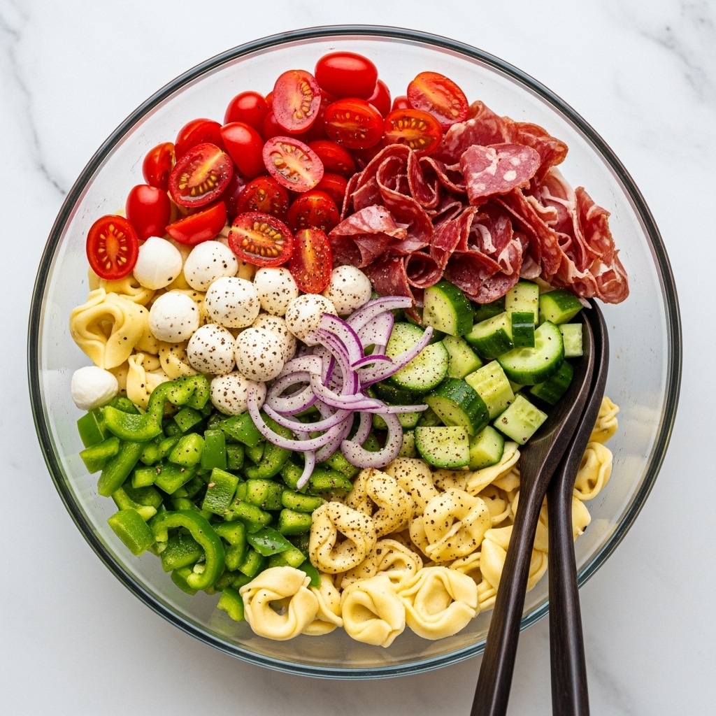 A colorful pasta salad is shown in a clear glass bowl placed on a white marbled surface. The salad has several layers: at the base, there are pale yellow tortellini pasta pieces with a soft texture, mixed with diced green bell peppers and chopped cucumbers with dark green skin. Scattered through the salad are halved bright red cherry tomatoes and thin slices of reddish cured meat. Small white mozzarella balls add a creamy look, and there are thin slices of purple-red onion. The salad is sprinkled with herbs and black pepper. Two dark wooden spoons rest inside the bowl, ready to serve. photo taken with an iphone --ar 4:5 --v 7