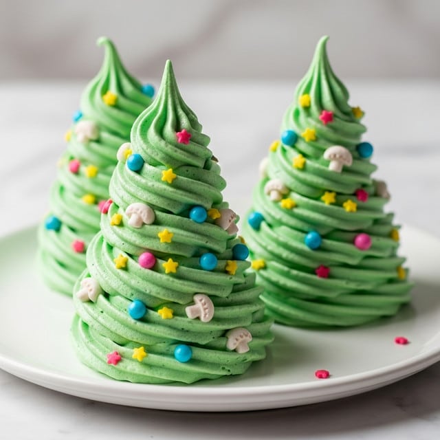 Three green swirled meringue cookies shaped like Christmas trees sit on a white plate on a white marbled surface. Each tree has layered ridges forming a spiral from the base to the pointed top. The meringue trees are decorated with colorful sprinkle ornaments, including small round balls in blue, pink, and yellow, white mushroom-shaped candies, and star-shaped sprinkles in yellow and red scattered all over the layers. The background is softly blurred, keeping the focus on the detailed texture and bright colors of the meringue trees. photo taken with an iphone --ar 4:5 --v 7