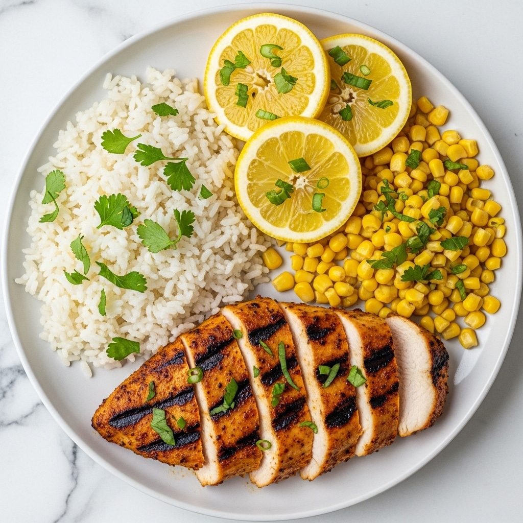 A white plate holds a meal with three main parts: on the left is a pile of white, fluffy rice with small green herbs sprinkled on top; next to it is grilled chicken breast cut into four thick slices, showing a juicy, light pink inside with a charred, golden brown outside and sprinkled green herbs on top; on the right side are several lemon slices topped with small green pieces, and next to the lemon slices is a small portion of yellow corn kernels with green herbs scattered over them. The background shows a white marbled texture. photo taken with an iphone --ar 4:5 --v 7