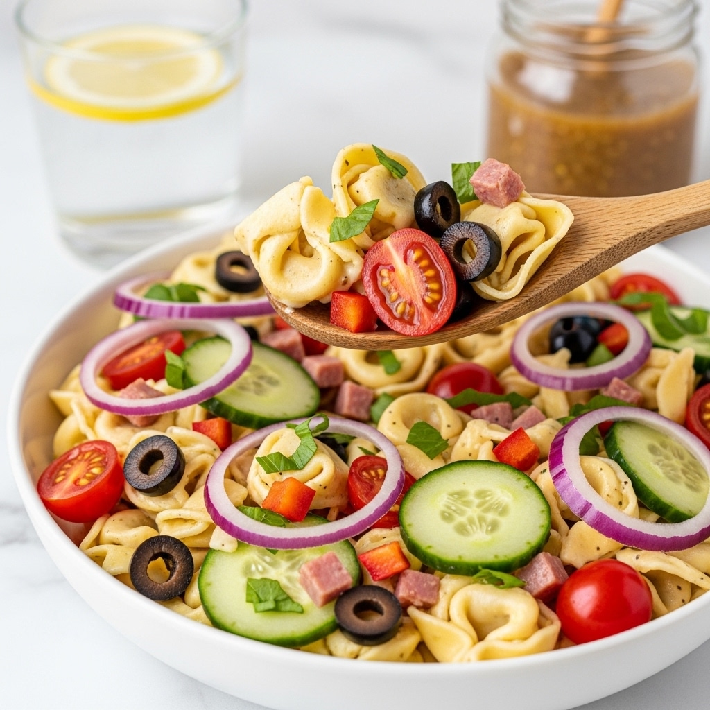 The image shows a close-up of a white bowl filled with tortellini pasta salad, with a wooden spoon lifting a portion. The pasta is a creamy beige color and has a slightly glossy texture from the dressing. Mixed throughout are vibrant red cherry tomato halves, black olive slices, small red bell pepper pieces, cucumber slices with dark green skin and pale green flesh, and thin rings of red onion. There are also small chunks of pinkish cured meat and fresh green herbs sprinkled on top. In the background, there is a clear glass of water with a lemon slice and a glass jar with a chunky light brown dressing. The setting is on a white marbled surface. photo taken with an iphone --ar 4:5 --v 7