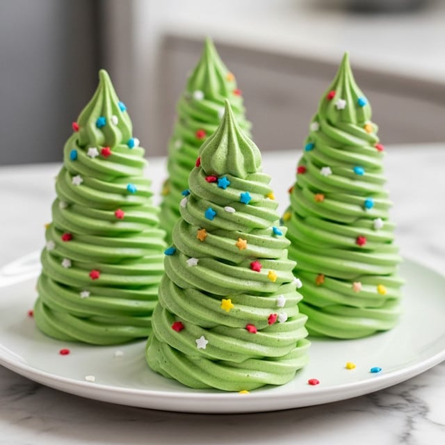 Four swirled, tree-shaped green meringue cookies stand upright on a white plate, each made of multiple spiral layers with a pointed top. The green meringues have a smooth but slightly airy texture, decorated with colorful sprinkles in red, blue, white, yellow, and gold star shapes scattered evenly around each cookie. The plate rests on a white marbled surface, with a soft-focus indoor background behind it. photo taken with an iphone --ar 4:5 --v 7