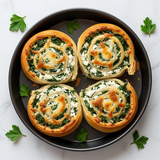The image shows a round pan on a white marbled surface, holding four golden-brown pastry rolls with visible layers of flaky crust. Each roll is filled with a creamy white cheese layer mixed with finely chopped green herbs and spinach, giving a fresh, leafy appearance. The cheese looks melted and slightly browned on top. Pieces are cut out, showing the swirl pattern of the dough and filling inside. Small sprigs of parsley are scattered around the pan for decoration. Photo taken with an iphone --ar 4:5 --v 7