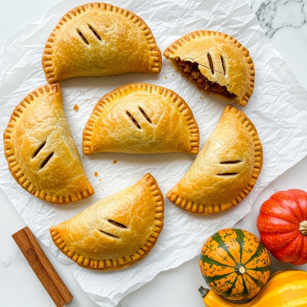 The image shows six golden-brown hand pies with a semi-circular shape, each with fork-pressed edges and two small diagonal slits on top for ventilation. One of the hand pies is partially broken, revealing a brown filling inside. The pies rest on crinkled white parchment paper over a white marbled surface. At the bottom right corner, there are two small decorative gourds, one orange with green spots and the other red with yellow spots, adding a touch of autumn color. A cinnamon stick lies near the bottom left corner. photo taken with an iphone --ar 4:5 --v 7