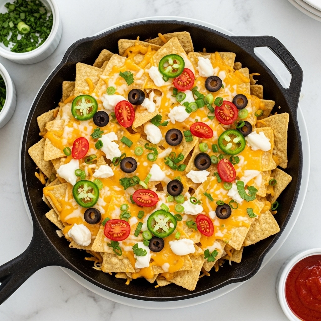 A silver foil tray filled with crispy yellow tortilla chips layered with melted white and yellow cheddar cheese, scattered green slices of jalapeño, black olive rings, small chopped red tomato pieces, and green onion bits on top. The tray sits on a black grill with a white marbled textured background. Photo taken with an iphone --ar 4:5 --v 7