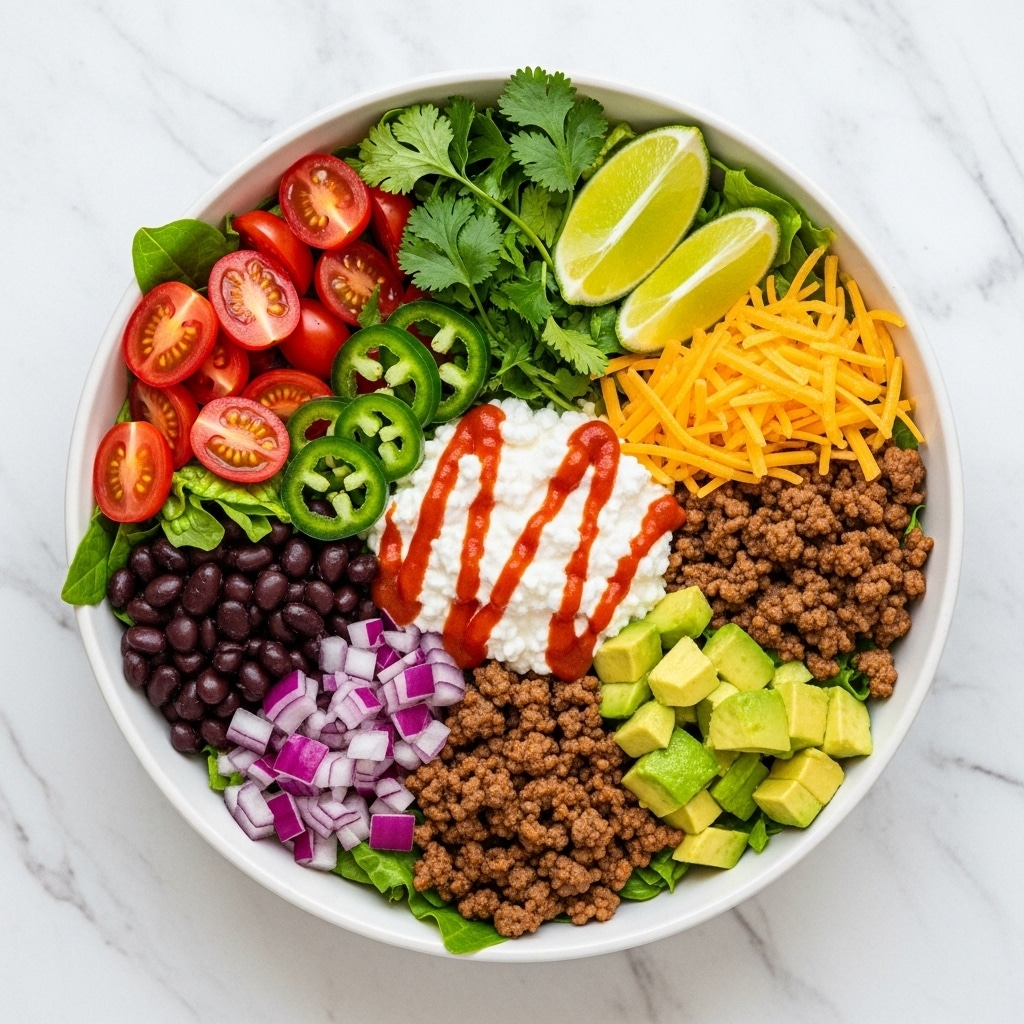 A white bowl sits on a white marbled surface filled with seven distinct layers arranged neatly. Starting from the top left, there are bright red halved cherry tomatoes on green leafy lettuce. Next to it is fresh green cilantro and sliced green jalapeños beside two lime wedges. Below them are shiny black beans, and next to the beans, there are small cubes of purple-red onion. Further around the bowl is a pile of shredded orange cheddar cheese, then browned ground meat, and finally diced pale green avocado on more green leafy lettuce. In the center, a mound of white cottage cheese is topped with lines of bright red sauce. The colors are vibrant and the textures contrast nicely, making the bowl visually clean and fresh. photo taken with an iphone --ar 4:5 --v 7