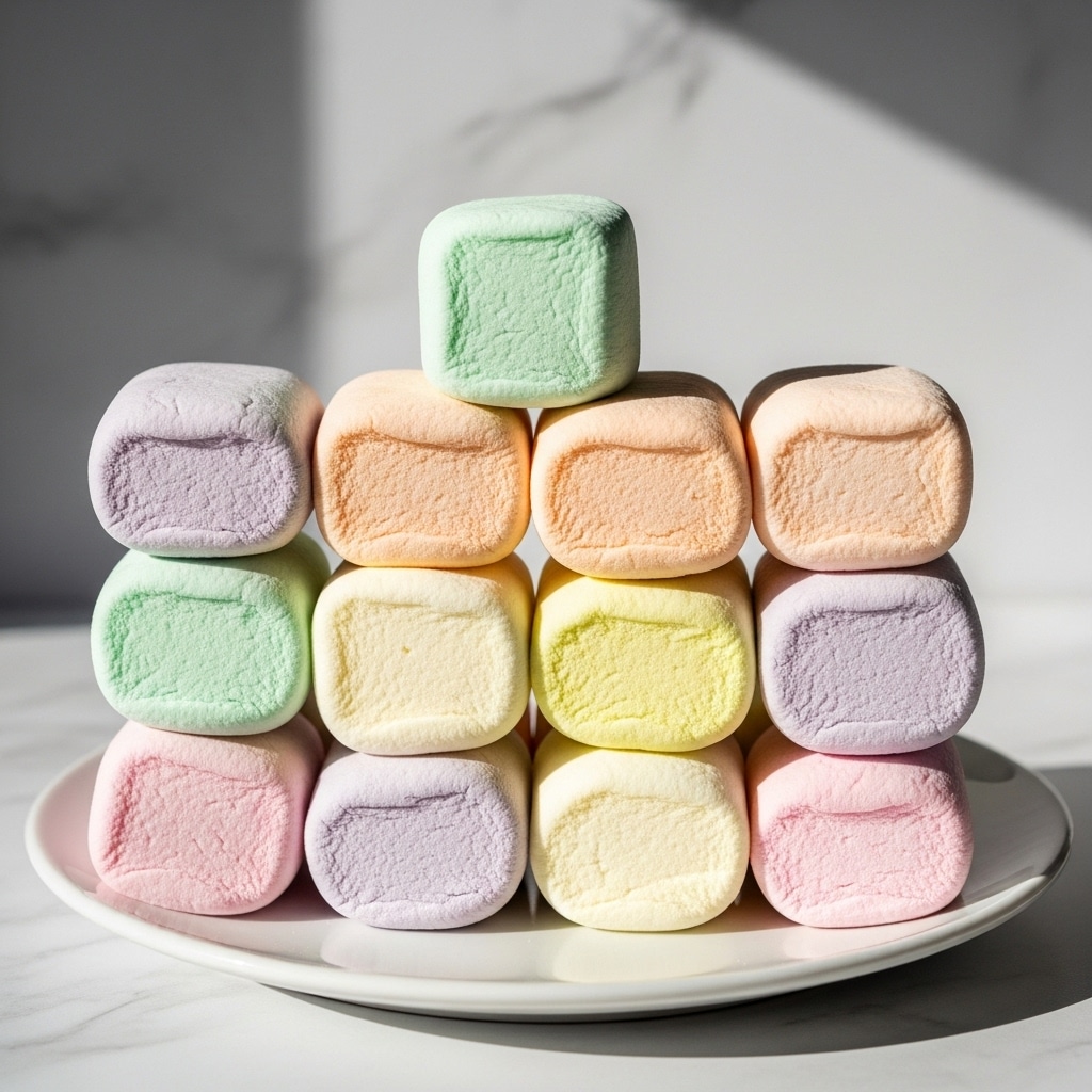 The image shows a clear glass bowl filled with small, soft, pastel-colored marshmallows. The marshmallows come in light green, yellow, pink, and white colors, scattered evenly inside the bowl. The bowl has a decorative edge and sits on a white marbled surface. One white marshmallow is placed outside the bowl near the bottom right corner. Photo taken with an iphone --ar 4:5 --v 7