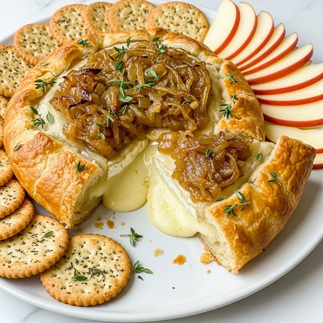 A round golden-brown baked puff pastry crust is partially cut open to reveal the inside, showing a layer of melted white cheese at the bottom with a golden caramelized onion topping that is glossy and textured. The pastry is flaky with visible layers and sprinkled with fresh green thyme leaves. Surrounding the pastry on a white plate are round light brown crackers with herbs and slices of red apple arranged in a fan shape, all placed on a white marbled surface. Photo taken with an iphone --ar 4:5 --v 7
