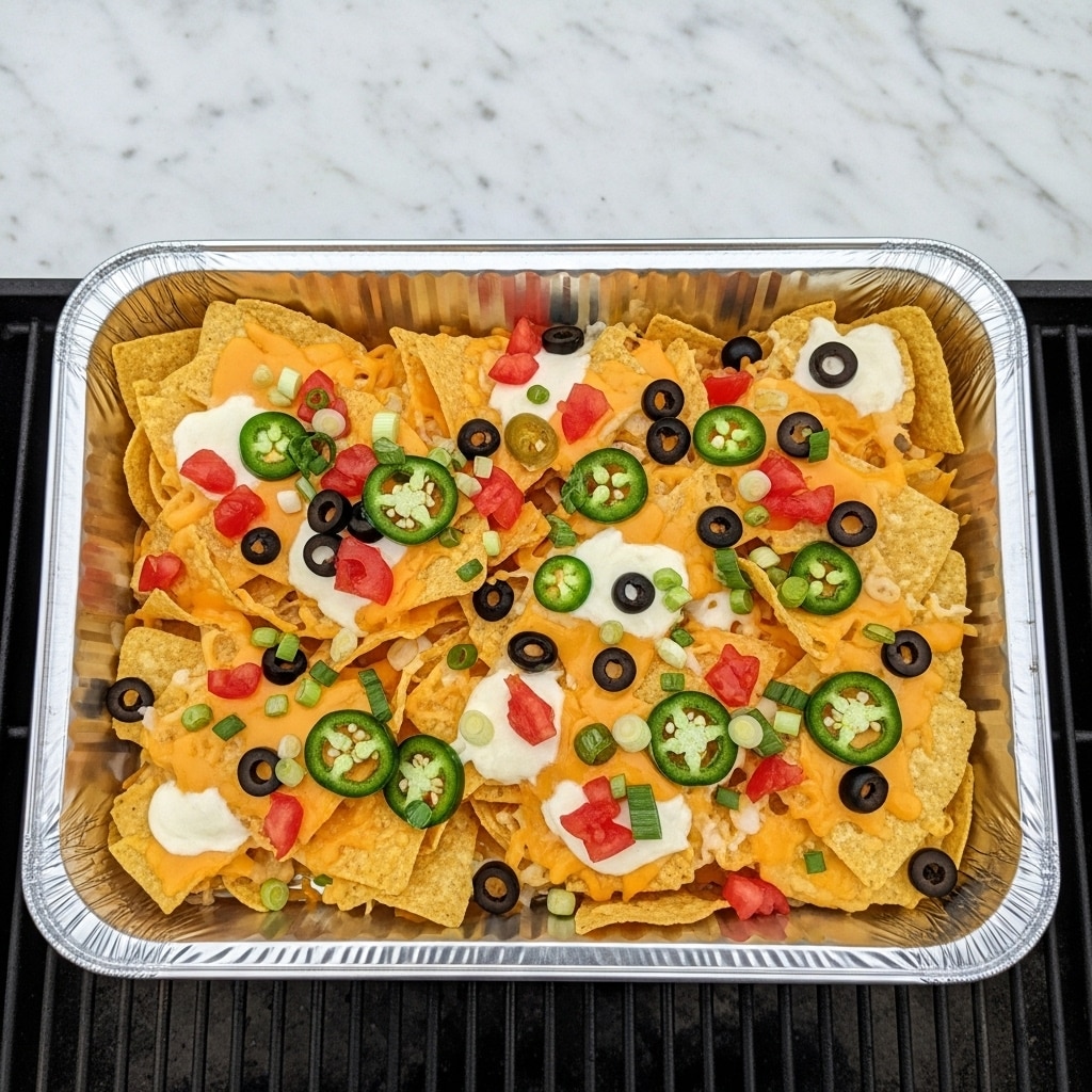 A cast iron skillet filled with one layer of crispy light golden tortilla chips topped with melted yellow and white cheese spread unevenly over the chips, scattered slices of black olives, small diced red tomatoes, thin round green jalapeño slices, and chopped green onions, all on a white marbled surface with small white bowls containing chopped herbs and red sauce partially visible around the skillet; photo taken with an iphone --ar 4:5 --v 7