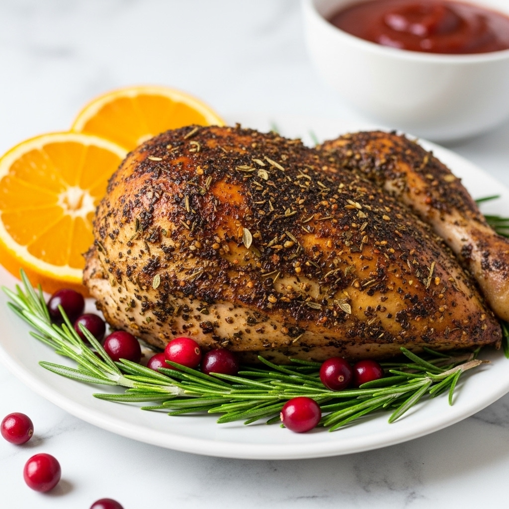 A well-roasted chicken breast with a dark brown crust covered in herbs and spices is placed on a white plate. Underneath the chicken breast are fresh green rosemary sprigs and scattered red cranberries. Two slices of bright orange, showing their juicy interior, lean on the chicken breast at the back left. In the blurred background, a white bowl filled with a thick red sauce is visible. All this sits on a white marbled surface. photo taken with an iphone --ar 4:5 --v 7