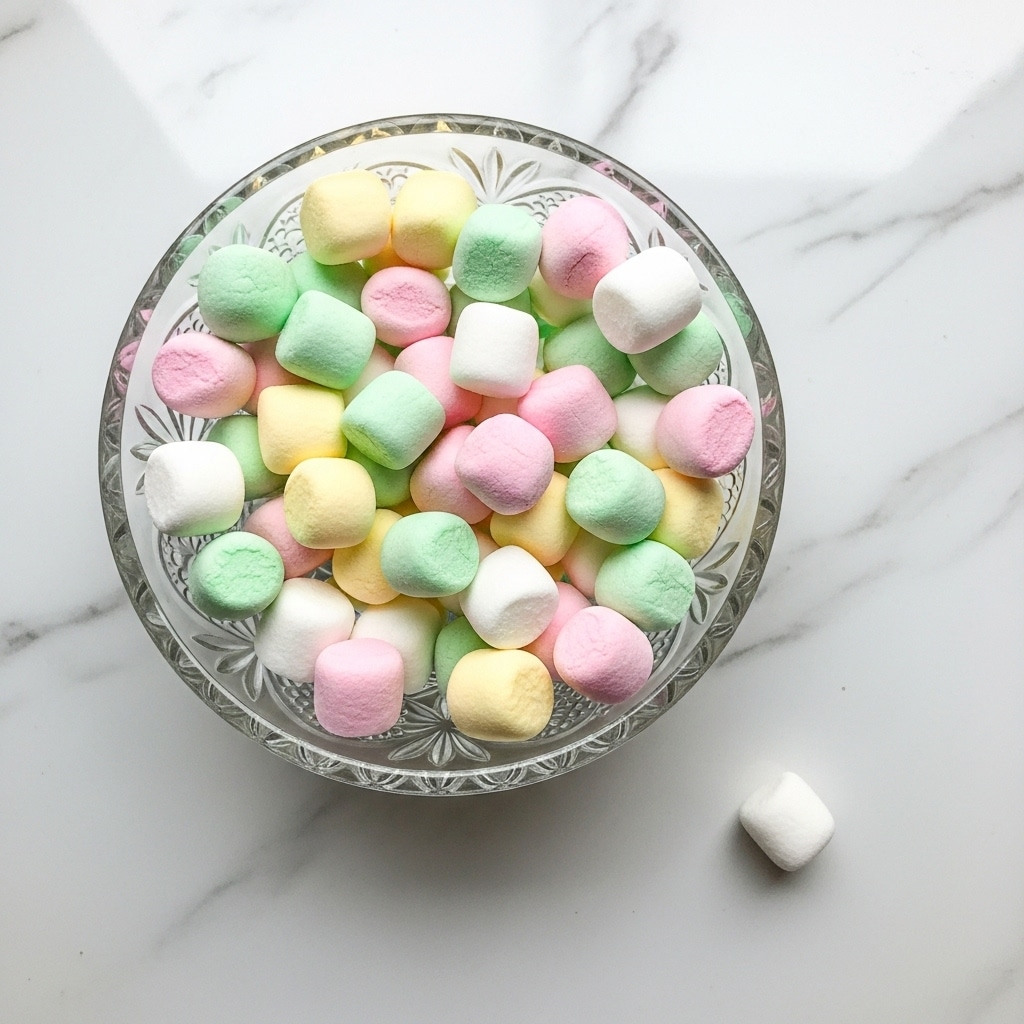 A white plate holds a neat pile of nine large, soft marshmallows stacked in three layers. The bottom layer has four marshmallows in pastel pink, light purple, pale yellow, and a hint of light peach, all showing a fluffy, slightly textured surface. The middle layer has four marshmallows in light green, soft orange, and two more pastel colors, each slightly leaning on the others. The top layer features a single, light green marshmallow sitting squarely on the pile. The background has a soft focus revealing a white marbled surface with sunlight giving warm highlights and gentle shadows. photo taken with an iphone --ar 4:5 --v 7