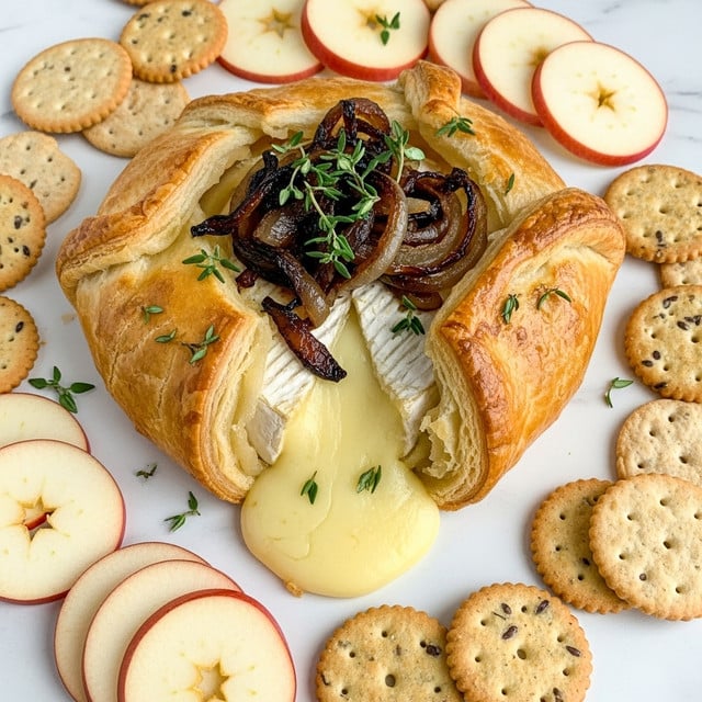 The image shows a golden-brown puff pastry wrapped around melted soft cheese that is oozing out from a torn part of the pastry, topped with caramelized onions and small sprigs of green thyme. Surrounding the pastry are round chopped red apple slices and a mix of round multigrain and plain crackers scattered on a white marbled surface. The pastry’s flaky texture contrasts with the creamy cheese inside, and the shiny caramelized onions add a rich, dark brown color to the scene. photo taken with an iphone --ar 4:5 --v 7
