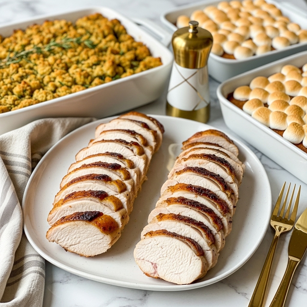 On a white oval plate placed on a white marbled surface, there are two rows of sliced roasted turkey breast with golden brown, slightly charred skin and white juicy meat inside, each slice arranged neatly side by side. Behind the plate, there is a baking dish filled with crumbly, golden brown stuffing with herbs. Nearby, another baking dish contains a dessert topped with toasted, golden marshmallows. A gold and white salt or pepper shaker is placed next to the plate, and a folded beige and light brown striped cloth is visible on the side. The lighting brings out the rich colors and textures of the food. photo taken with an iphone --ar 4:5 --v 7