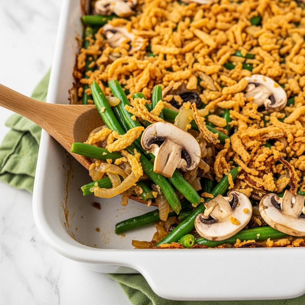 A white plate sits on a white marbled surface, filled with a layered mix of green beans and sliced mushrooms. The green beans are bright green and firm, arranged in a loose pile across the plate. Interspersed are thinly sliced mushrooms with white edges and brown centers, adding texture and contrast. A light, creamy white sauce is drizzled unevenly over the vegetables, pooling slightly in some areas. Small bits of golden-brown fried onions are scattered on top, adding a crunchy texture. A golden fork rests on the right side of the plate, partially touching the food. photo taken with an iphone --ar 4:5 --v 7