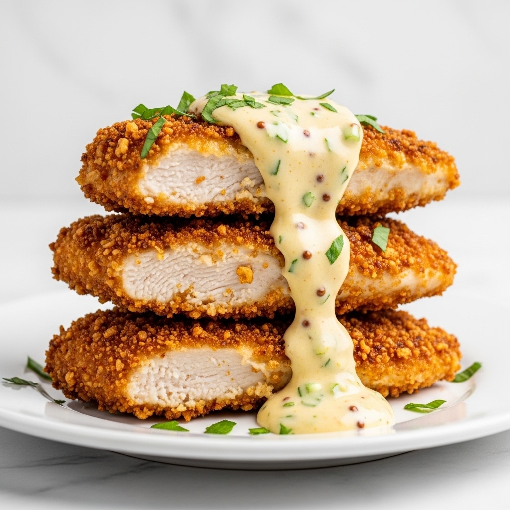 A stack of four pieces of crispy golden brown breaded chicken with a coarse, crunchy texture is arranged on a white plate, each piece showing a moist, white interior. A creamy, thick yellow sauce with small green herb flecks is poured over the top and drips slowly down the sides, pooling at the base. The chicken is sprinkled with finely chopped fresh green herbs, adding a bright contrast against the warm tones of the breading and sauce. The plate sits on a white marbled surface, giving a clean and fresh look. photo taken with an iphone --ar 4:5 --v 7