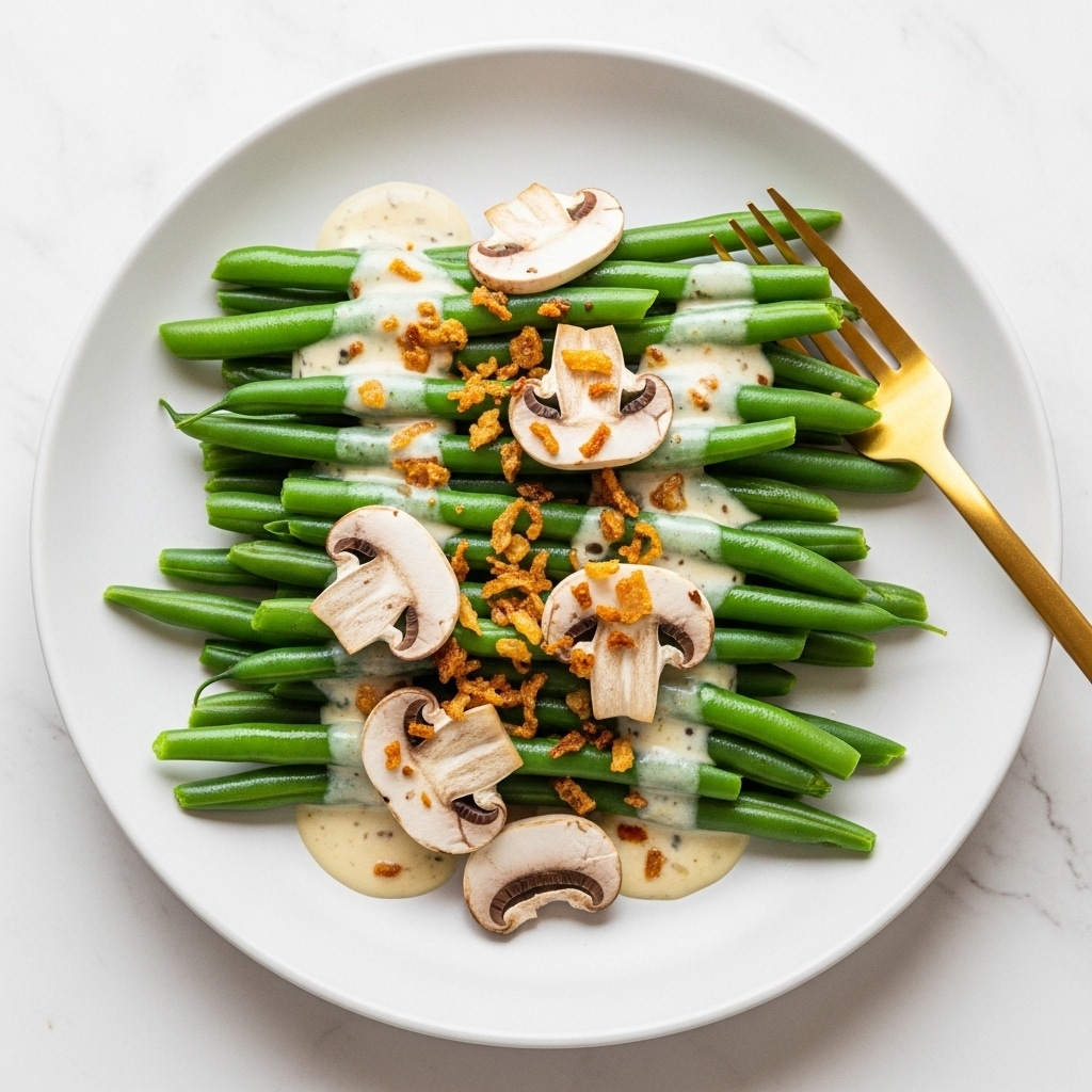 The image shows a close-up of a green bean casserole in a white rectangular baking dish. The casserole has a layer of bright green beans mixed with light brown cooked onions and sliced beige mushrooms, all covered with crispy golden brown fried onions. A wooden spoon is scooping some of the casserole from the corner, lifting up a mix of green beans, mushrooms, and crispy onions. The dish is placed on a white marbled surface with a green cloth partly visible underneath. Photo taken with an iphone --ar 4:5 --v 7