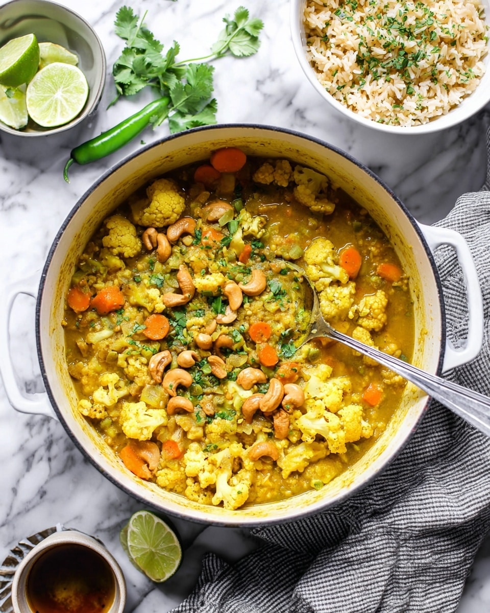 The image shows a large white pot filled with a thick, yellow curry dish made of cauliflower, diced orange carrots, lentils, and whole cashew nuts, all mixed together and garnished with chopped green herbs. A silver spoon is resting inside the pot, slightly covered by the curry. Surrounding the pot, there is a white bowl with cooked rice sprinkled with green herbs, a small white bowl holding green lime wedges, a green chili pepper, fresh cilantro sprigs, and a small cup with a dark sauce. The setting is on a white marbled surface with a gray and white striped cloth underneath the pot. Photo taken with an iphone --ar 4:5 --v 7