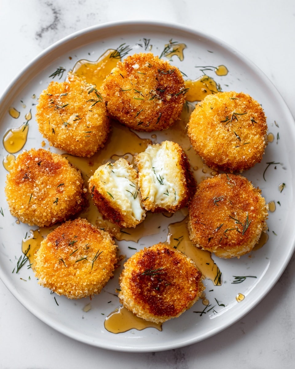 The image shows eight golden brown fried cheese rounds arranged in a circle on a white plate with a few dill green sprinkles. The round cheese pieces have a crispy, crunchy texture with a rough surface. In the center, one of the rounds is cut in half, revealing a thick, creamy white cheese inside. On the plate, there are drops and drizzle of sticky honey around the cheese rounds, adding a shiny, sticky texture. The plate is placed on a white marbled texture, creating a clean and bright background. photo taken with an iphone --ar 4:5 --v 7
