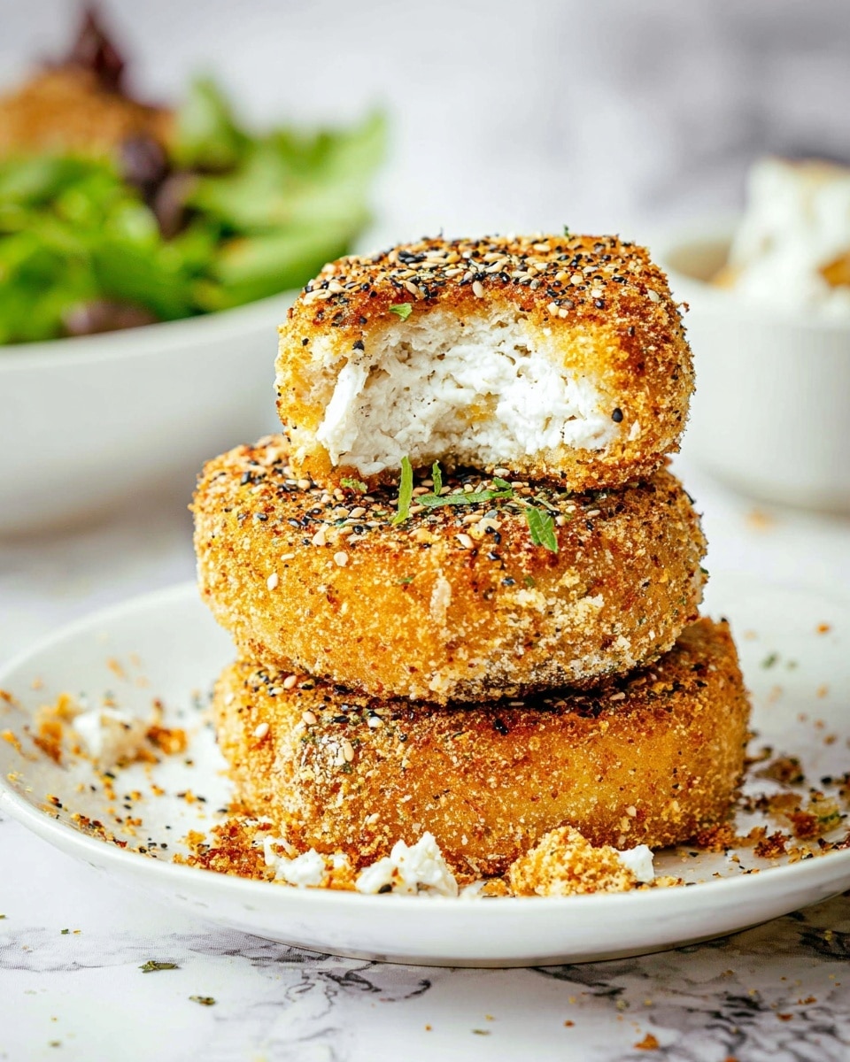 The image shows a stack of three round, fried patties coated in a golden, crispy crust sprinkled with black and white sesame seeds and herbs. The top patty is cut to show a thick, fluffy white filling inside with a soft, crumbly texture. The stack sits on a white plate with crumbs and seeds scattered around. In the background, there is a blurred white bowl with green leafy salad. All of this is set on a white marbled surface. photo taken with an iphone --ar 4:5 --v 7