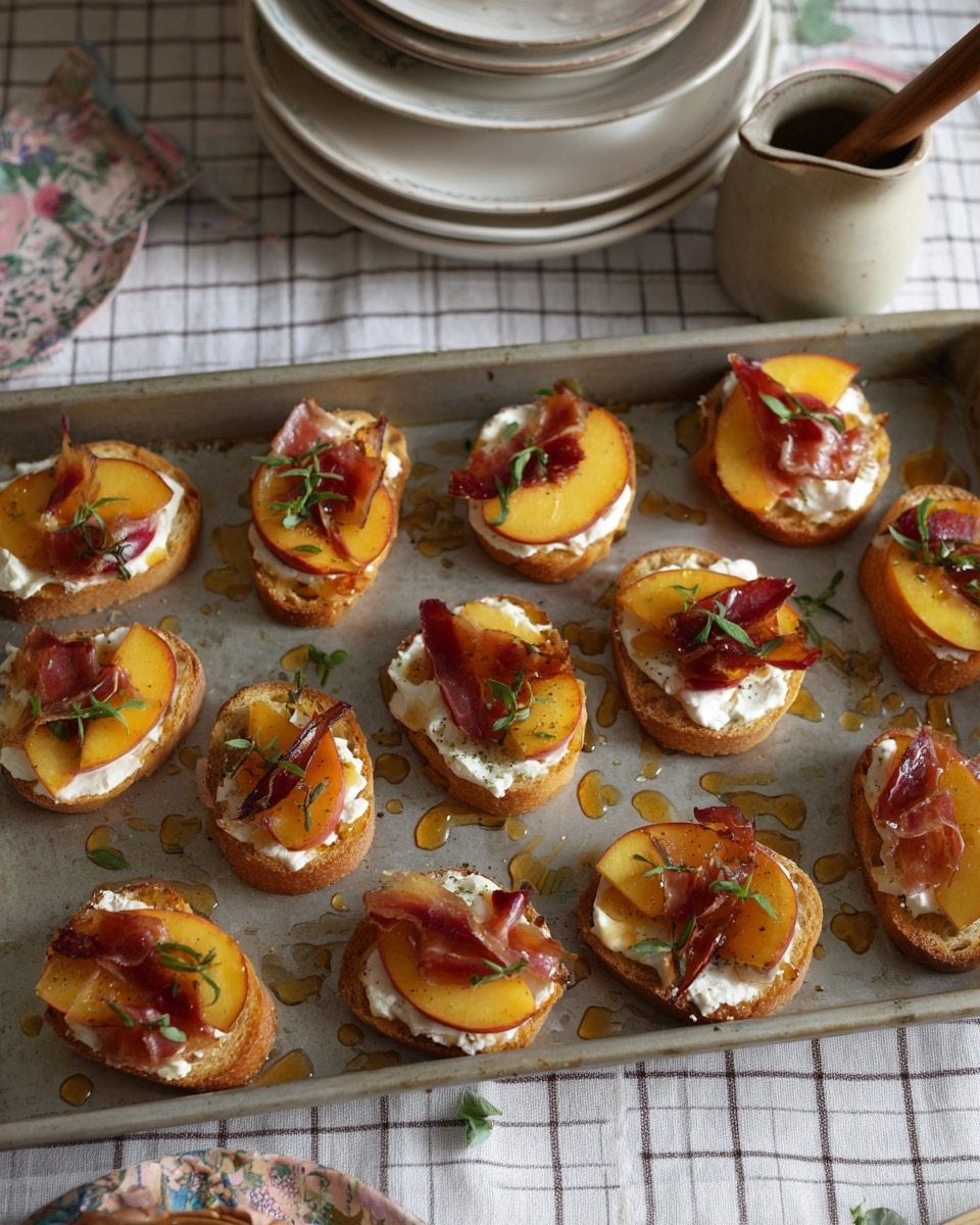 A baking tray filled with 15 small round toast slices, each topped with a creamy white spread, two thin slices of yellow peach, small pieces of red prosciutto, and thin strips of green herb. There is a shiny drizzle of honey or syrup over and around the toasts, adding a glossy texture. The tray is placed on a white marbled checkered tablecloth. In the background, there are stacked white plates, a small empty white bowl, and a ceramic jug with a wooden spoon inside. photo taken with an iphone --ar 4:5 --v 7