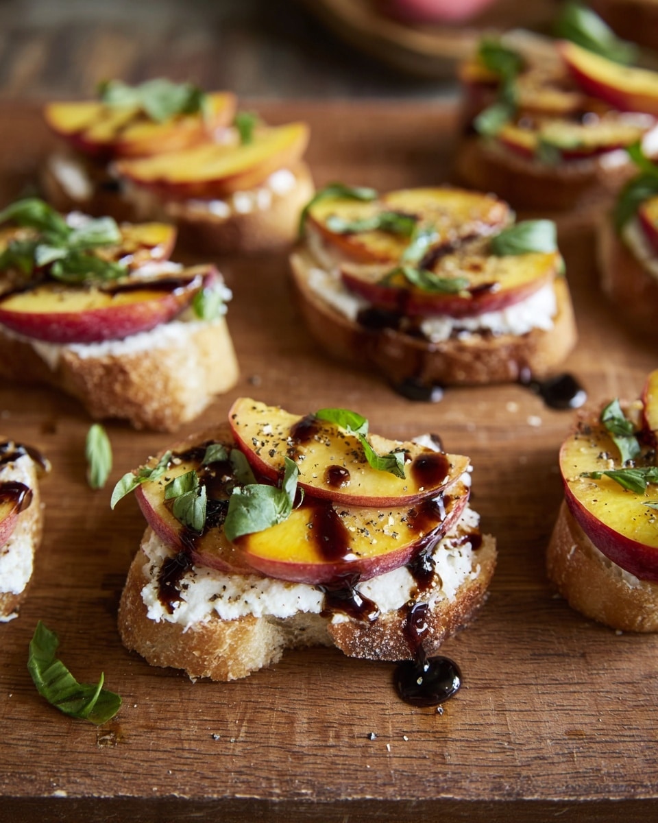Several small slices of toasted bread are laid on a wooden surface, each piece topped with three main layers: a base of creamy white ricotta cheese, followed by thinly sliced bright yellow-orange peach slices arranged in a slight overlap, and finally a drizzle of dark balsamic glaze that runs down the sides. The peach slices have a soft texture with red accents near the pit area. Freshly chopped green basil leaves are scattered on top along with a light sprinkle of black pepper. The bread pieces have a golden crust and a light brown toasted surface. The setting is warm and rustic. Photo taken with an iphone --ar 4:5 --v 7