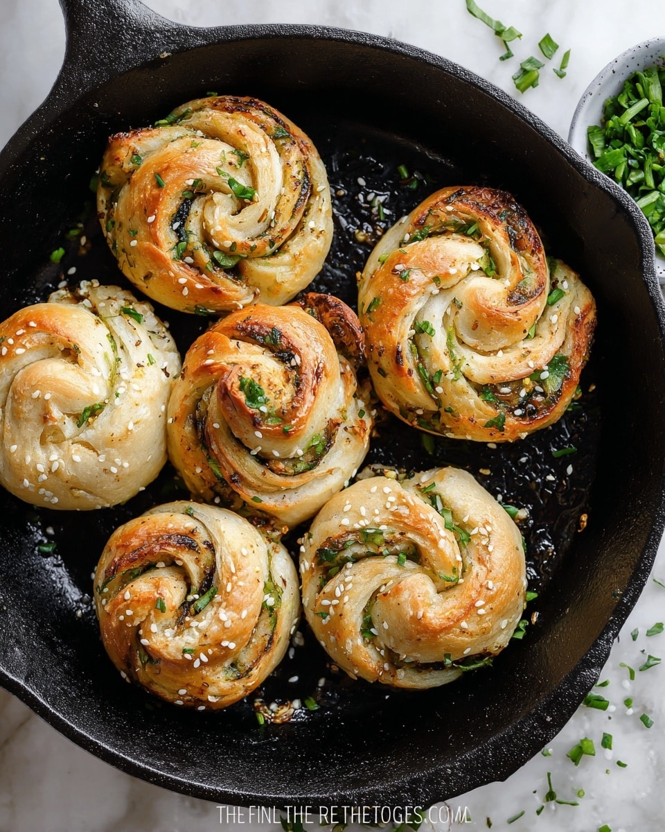 The image shows seven round, twisted buns cooked in a black cast iron pan, each bun having a golden brown, slightly crispy top with lightly browned swirled edges. The buns are speckled with chopped green herbs and white sesame seeds, giving them a fresh and textured appearance. The buns have a layered and folded dough look, with some showing more of the browned top side, while others reveal more of the pale, soft dough with visible green herbs inside. The pan is placed on a white marbled surface with scattered green chopped herbs around it. Photo taken with an iphone --ar 4:5 --v 7