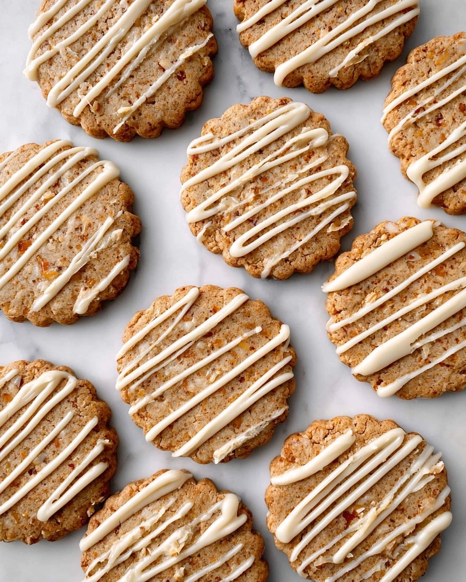 Twelve round cookies with scalloped edges are spread out on a white marbled surface. Each cookie has a light brown color with darker specks, suggesting spices or nuts inside. On top of every cookie, thin irregular lines of creamy white icing are drizzled across, some lines thicker than others creating a casual pattern. The cookies are arranged loosely, filling the frame without overlapping, showing their textured surface clearly. photo taken with an iphone --ar 4:5 --v 7