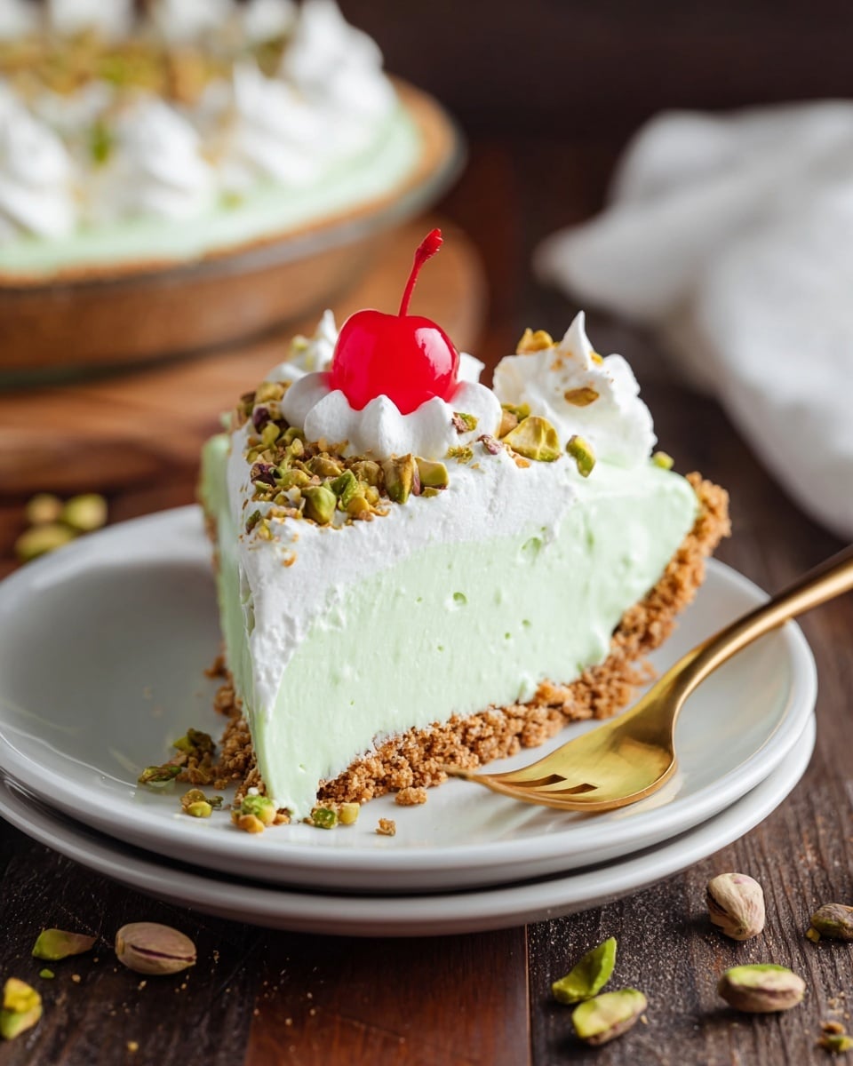 A slice of light green creamy pie with a crumbly brown crust sits centered on a white plate. The top layer has white whipped cream swirled decoratively, sprinkled with chopped pistachios and topped with a bright red maraschino cherry. A gold fork rests on the right edge of the plate. Some pistachio pieces are scattered on the plate and dark wooden surface beneath, replaced with a white marbled texture. In the background, the full pie is slightly blurred. photo taken with an iphone --ar 4:5 --v 7