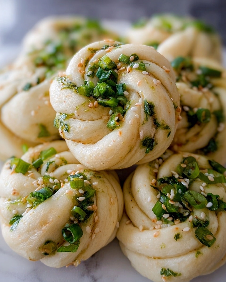 The image shows several small round buns with a twisted layered shape, each bun having about four to five folds tightly gathered at the top. The dough is light golden with a soft, slightly shiny texture. Bright green chopped herbs or scallions are scattered generously on the buns, adding fresh color with some white sesame seeds sprinkled around. The buns sit closely together on a white plate, with a white marbled surface beneath it barely visible at the edges. The close-up view highlights the delicate folds and the contrast between the dough and the green toppings photo taken with an iphone --ar 4:5 --v 7