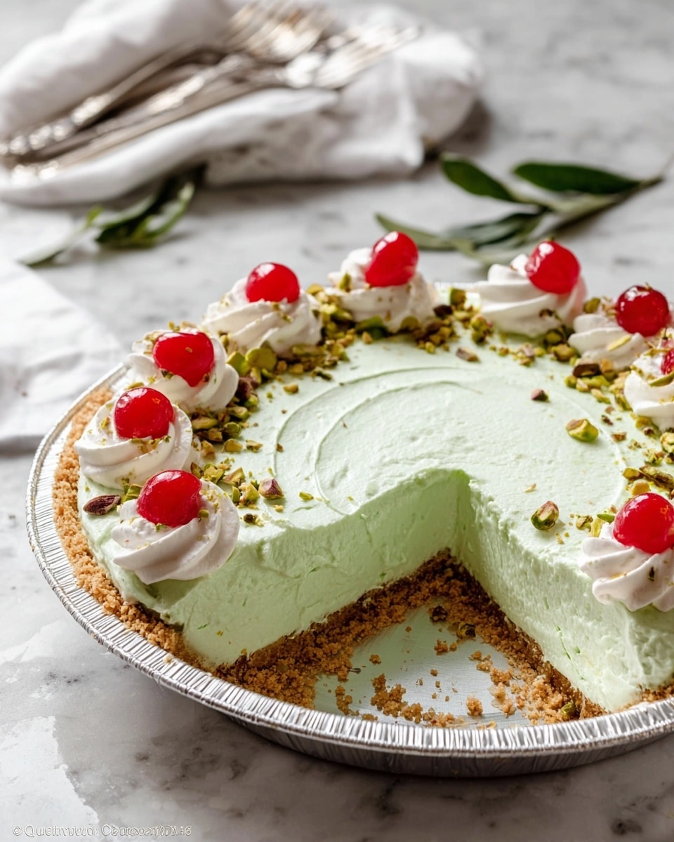A pie with three visible layers sits in a silver tin on a white marbled surface. The bottom layer is a light brown crumbly crust, the middle layer is thick and pale green with a smooth, creamy texture, and the top surface is even and slightly swirled. Around the edge of the pie are small white dollops of whipped cream, each topped with a bright red cherry, and sprinkled with crushed pistachios adding green and brown bits. The pie has a slice taken out from the right side, showing the layers clearly. In the background, there are two silver forks, green leaves, and a white cloth. Photo taken with an iphone --ar 4:5 --v 7