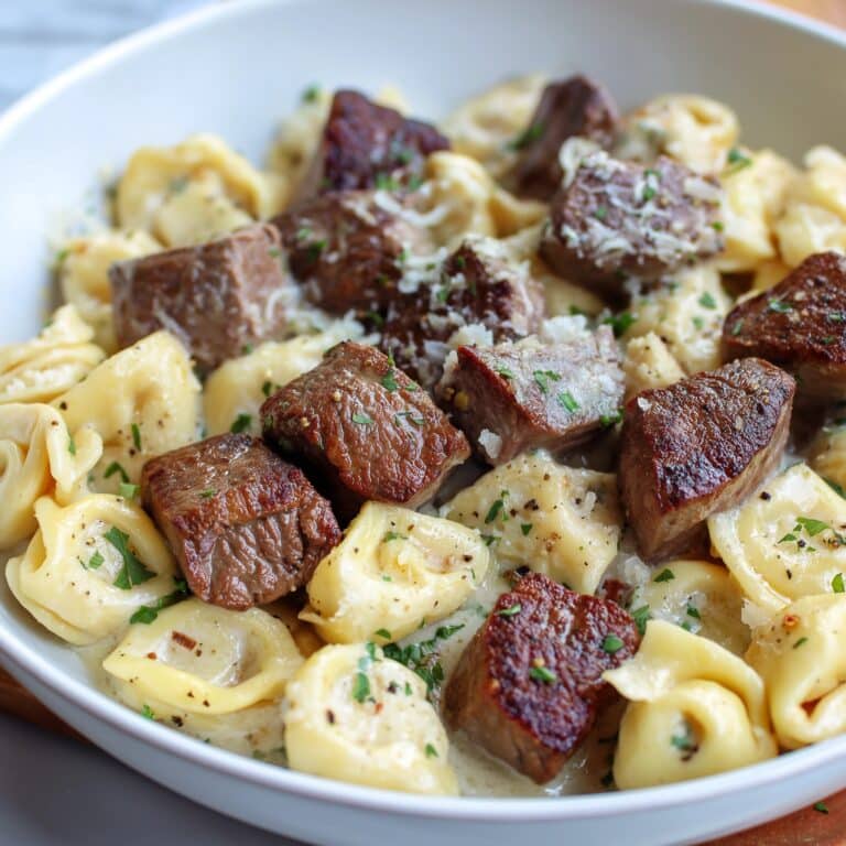 Steak Bites and Shell Pasta in Garlic Butter Alfredo Recipe