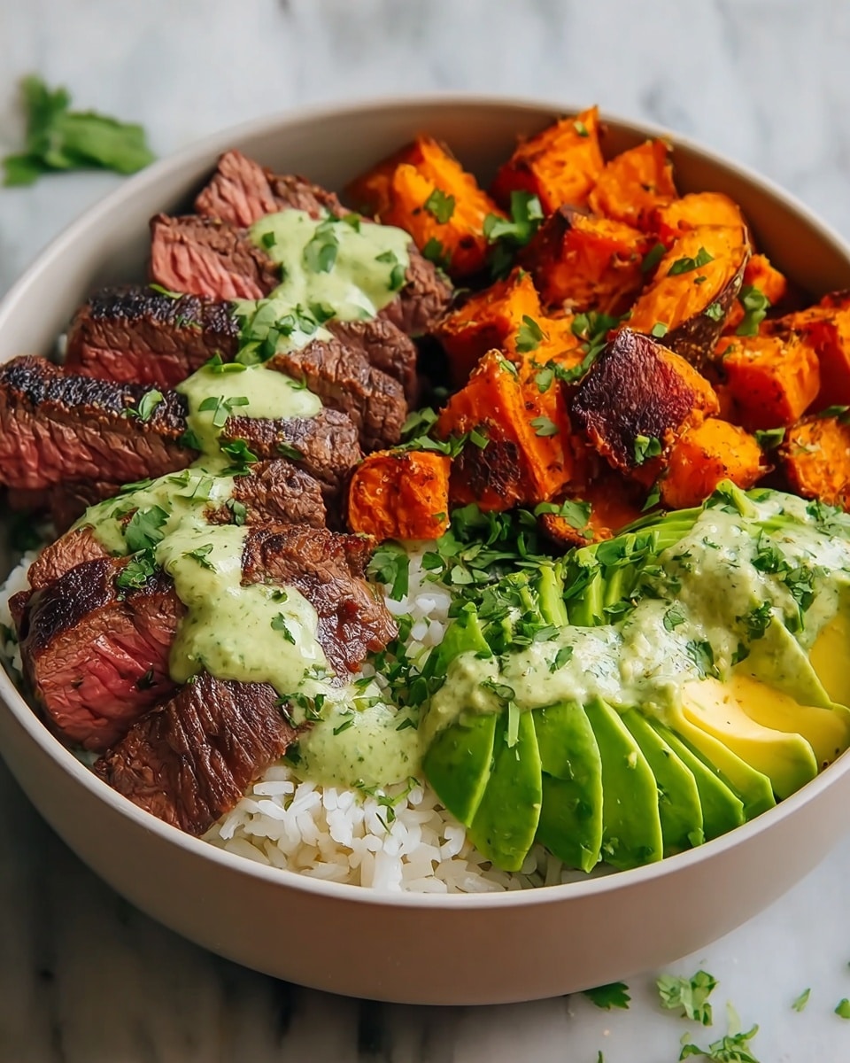 Steak and Sweet Potato Bowls with Avocado-Cilantro Drizzle Recipe - Recipe Image