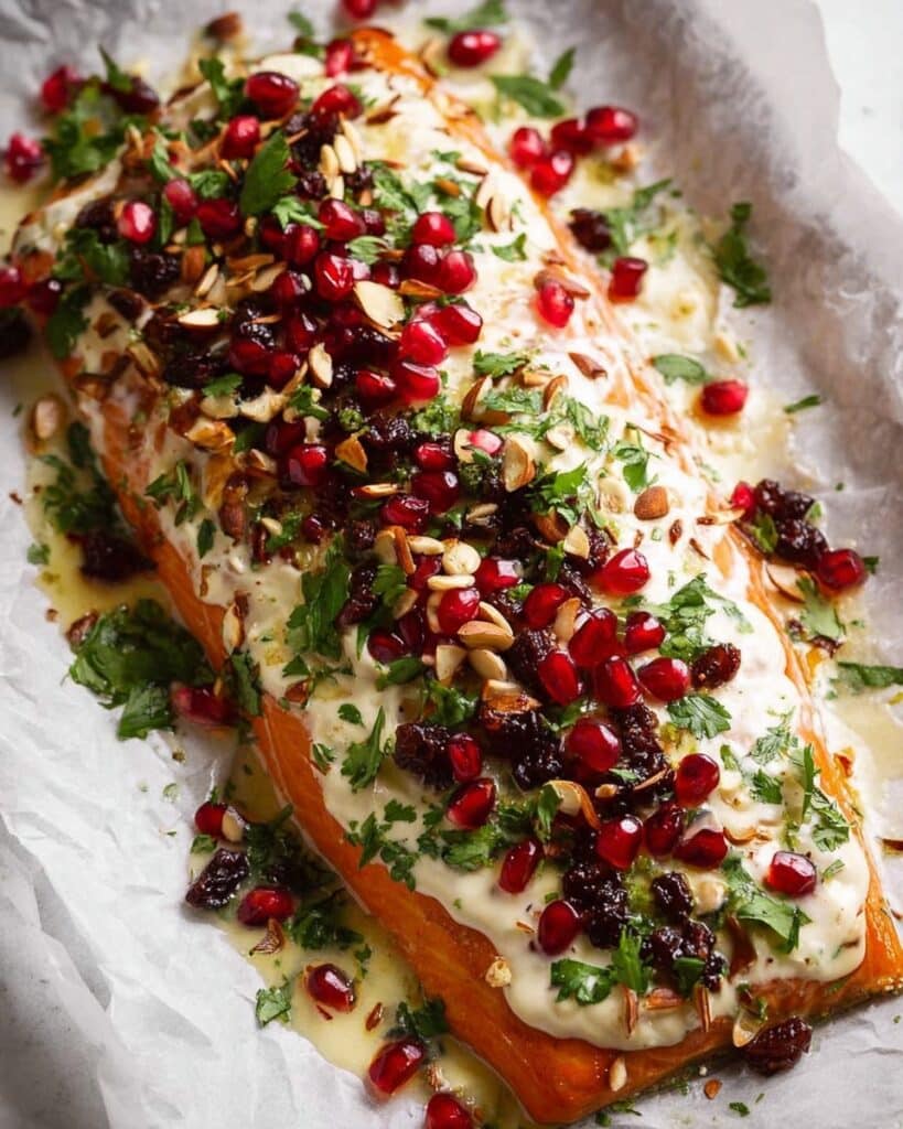 Christmas Baked Salmon with Creamy Dill Sauce, Cranberry Orange Almond Tapenade, and Pomegranate Garnish Recipe