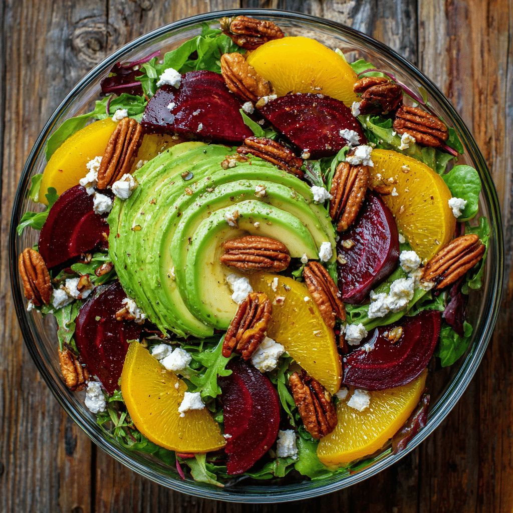 Roasted Beet, Sweet Potato & Avocado Salad with Whipped Ricotta and Lemon-Tahini Drizzle Recipe - Recipe Image