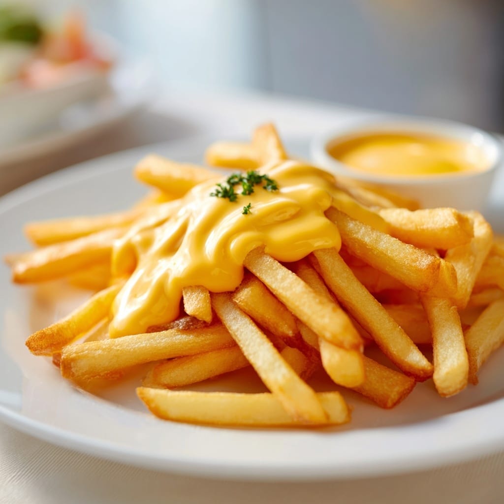 Creamy Cheddar Garlic Hot Sauce Cheese Sauce for Fries Recipe - Recipe Image