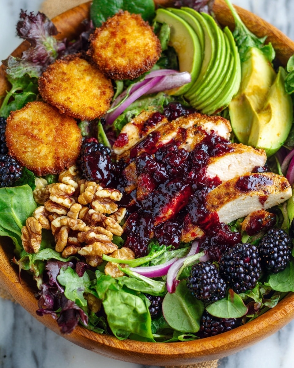Blackberry Balsamic Grilled Chicken Salad with Crispy Fried Goat Cheese Recipe - Recipe Image
